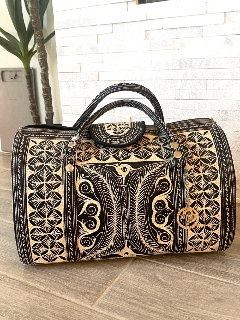 Banda Bag, Black & Cream Embroidered Women’s Mini Weekender Handbag